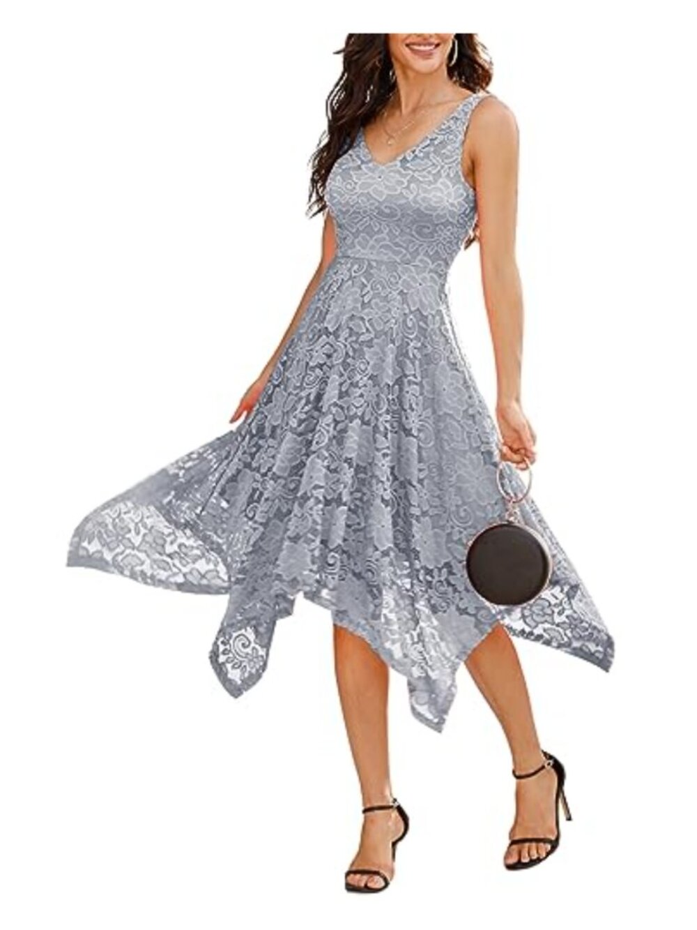 Women's Lace Handkerchief Hem Cocktail Dress Sleeveless V-Neck Midi Formal